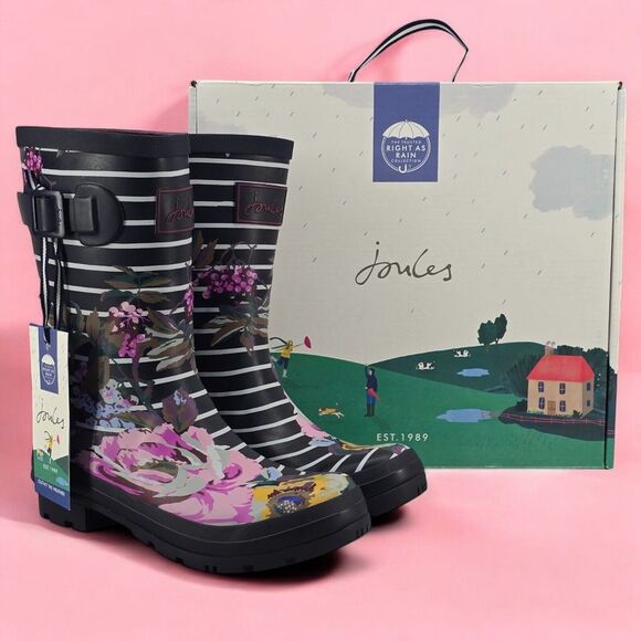 Joules Shoes - New Joules Rain Boots Mid Calf Molly Welly Navy Stripes Flowers Size US: 6 UK: 4